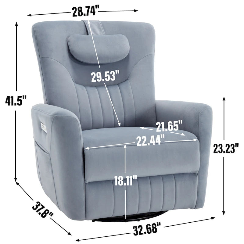 Fauteuil inclinable pivotant électrique avec soutien lombaire et cervical, ports de chargement USB et Type-C