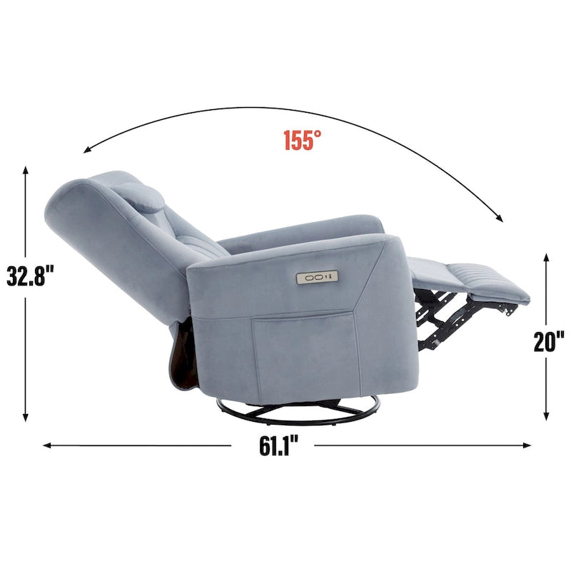Fauteuil inclinable pivotant électrique avec soutien lombaire et cervical, ports de chargement USB et Type-C