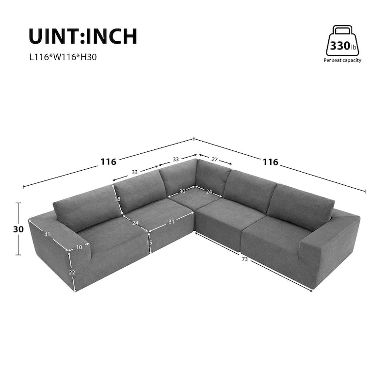Canapé d'angle modulaire 5 places en forme de L gris 116 avec revêtement en tissu éponge moelleux pour un confort optimal dans le salon et la chambre.