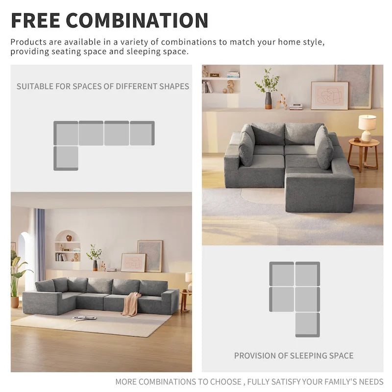 Canapé d'angle modulaire 5 places en forme de L gris 116 avec revêtement en tissu éponge moelleux pour un confort optimal dans le salon et la chambre.