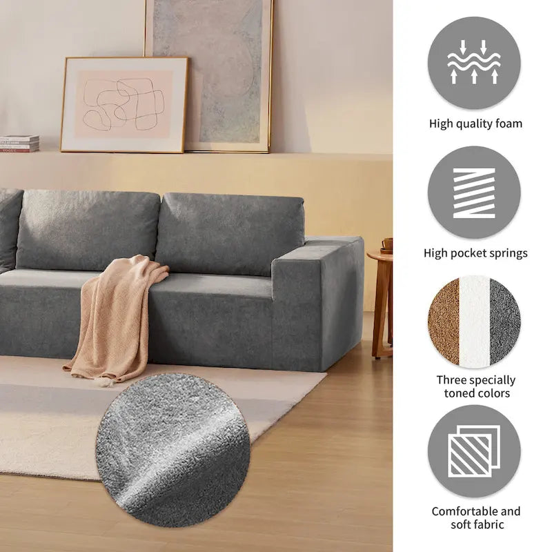 Canapé d'angle modulaire 5 places en forme de L gris 116 avec revêtement en tissu éponge moelleux pour un confort optimal dans le salon et la chambre.