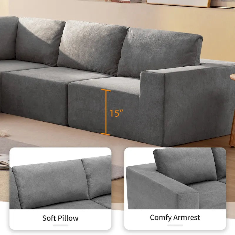 Canapé d'angle modulaire 5 places en forme de L gris 116 avec revêtement en tissu éponge moelleux pour un confort optimal dans le salon et la chambre.