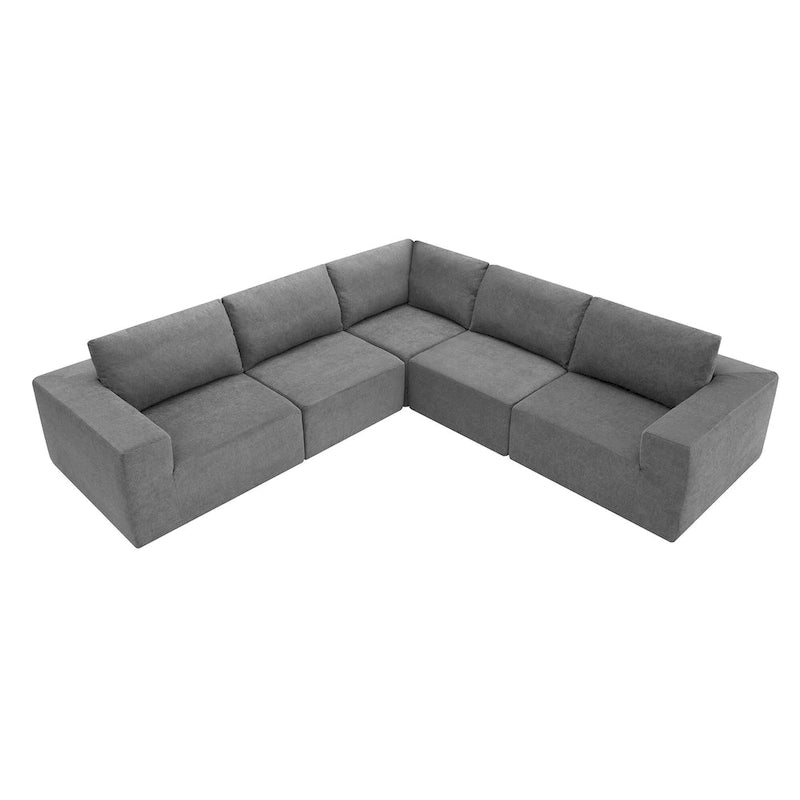 Canapé d'angle modulaire 5 places en forme de L gris 116 avec revêtement en tissu éponge moelleux pour un confort optimal dans le salon et la chambre.