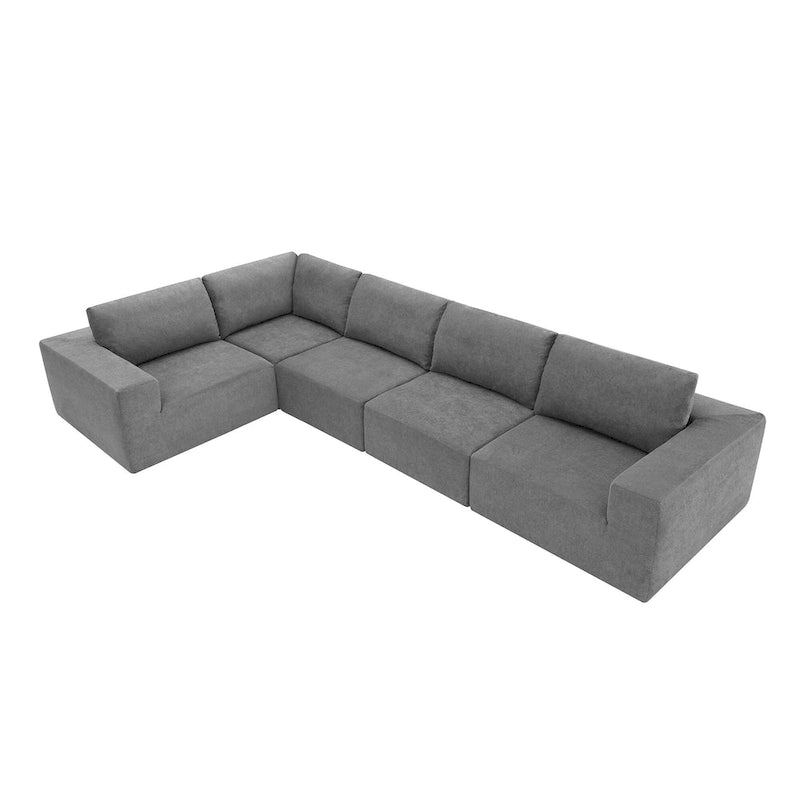 Canapé d'angle modulaire 5 places en forme de L gris 116 avec revêtement en tissu éponge moelleux pour un confort optimal dans le salon et la chambre.