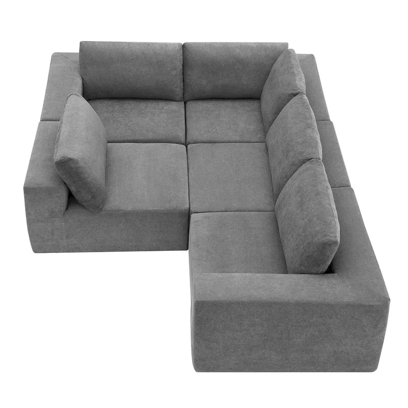 Canapé d'angle modulaire 5 places en forme de L gris 116 avec revêtement en tissu éponge moelleux pour un confort optimal dans le salon et la chambre.