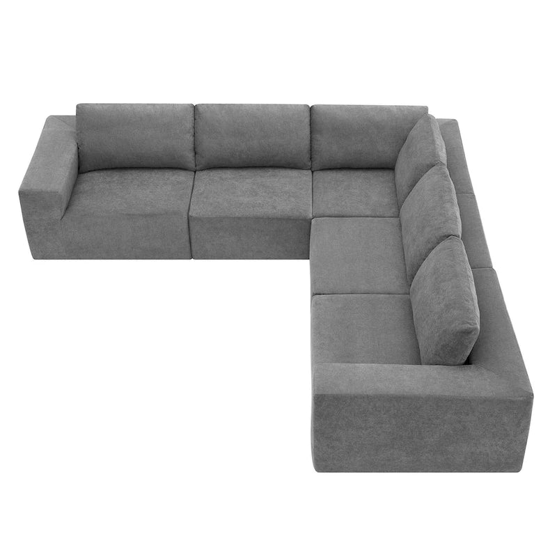 Canapé d'angle modulaire 5 places en forme de L gris 116 avec revêtement en tissu éponge moelleux pour un confort optimal dans le salon et la chambre.