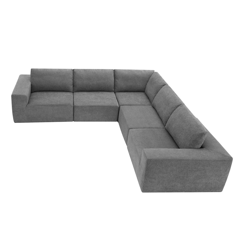 Canapé d'angle modulaire 5 places en forme de L gris 116 avec revêtement en tissu éponge moelleux pour un confort optimal dans le salon et la chambre.