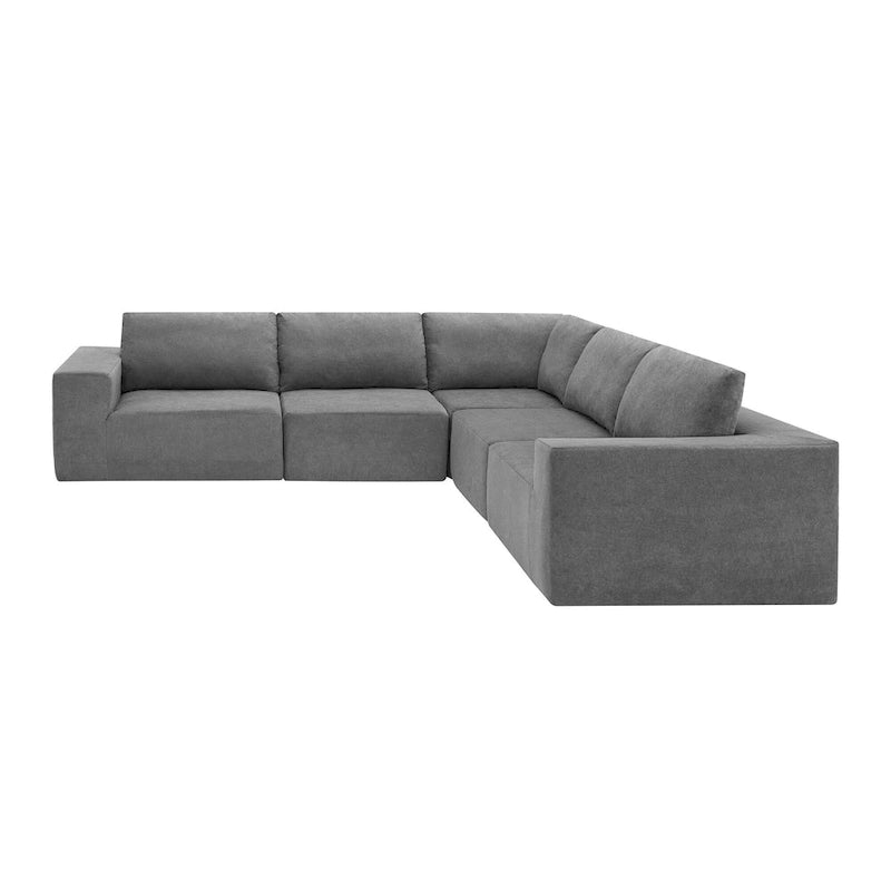 Canapé d'angle modulaire 5 places en forme de L gris 116 avec revêtement en tissu éponge moelleux pour un confort optimal dans le salon et la chambre.