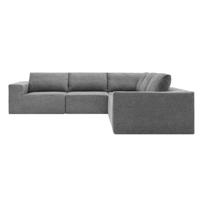 Canapé d'angle modulaire 5 places en forme de L gris 116 avec revêtement en tissu éponge moelleux pour un confort optimal dans le salon et la chambre.