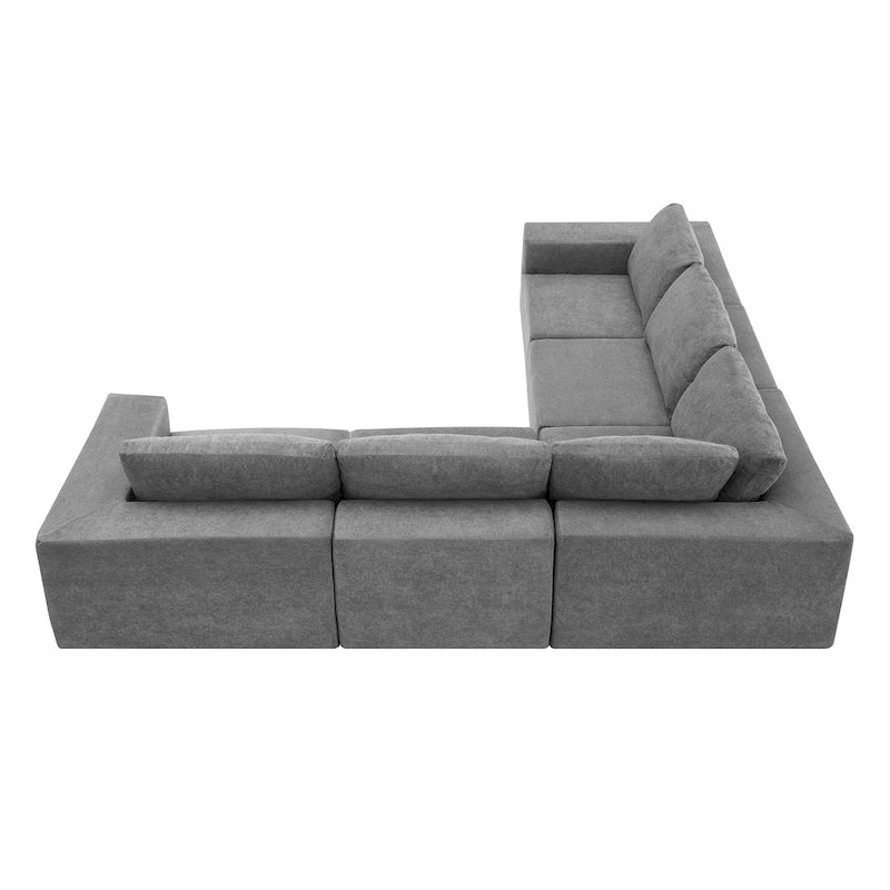 Canapé d'angle modulaire 5 places en forme de L gris 116 avec revêtement en tissu éponge moelleux pour un confort optimal dans le salon et la chambre.