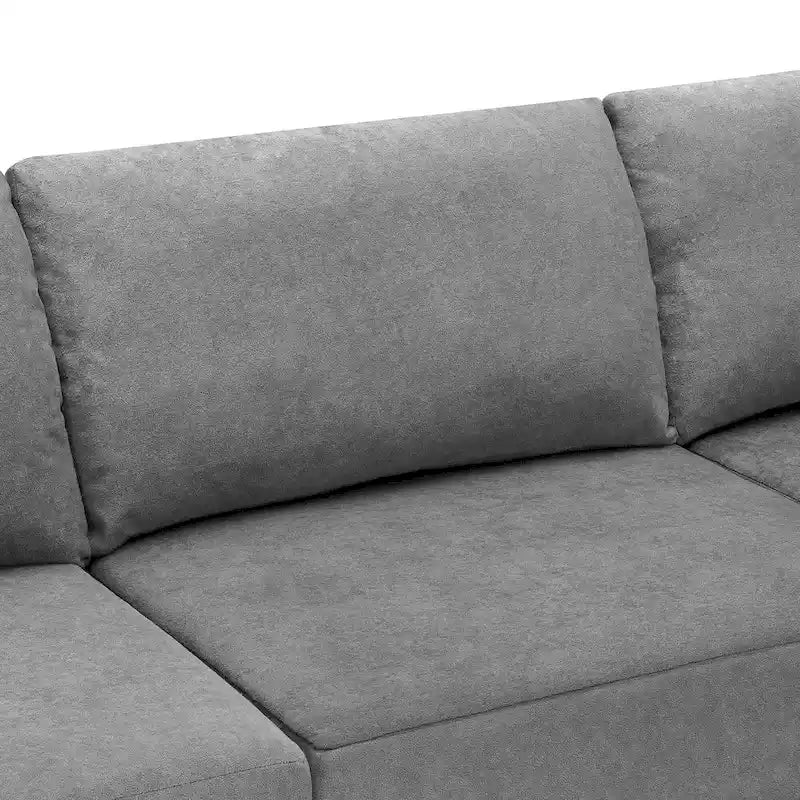 Canapé d'angle modulaire 5 places en forme de L gris 116 avec revêtement en tissu éponge moelleux pour un confort optimal dans le salon et la chambre.