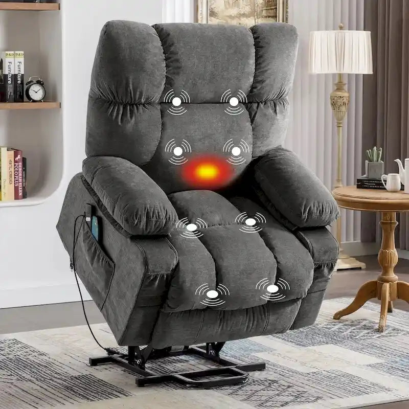 Fauteuil inclinable électrique bleu avec fonction releveur, chauffage, massage, inclinaison réglable à l'infini, ports USB et poches latérales