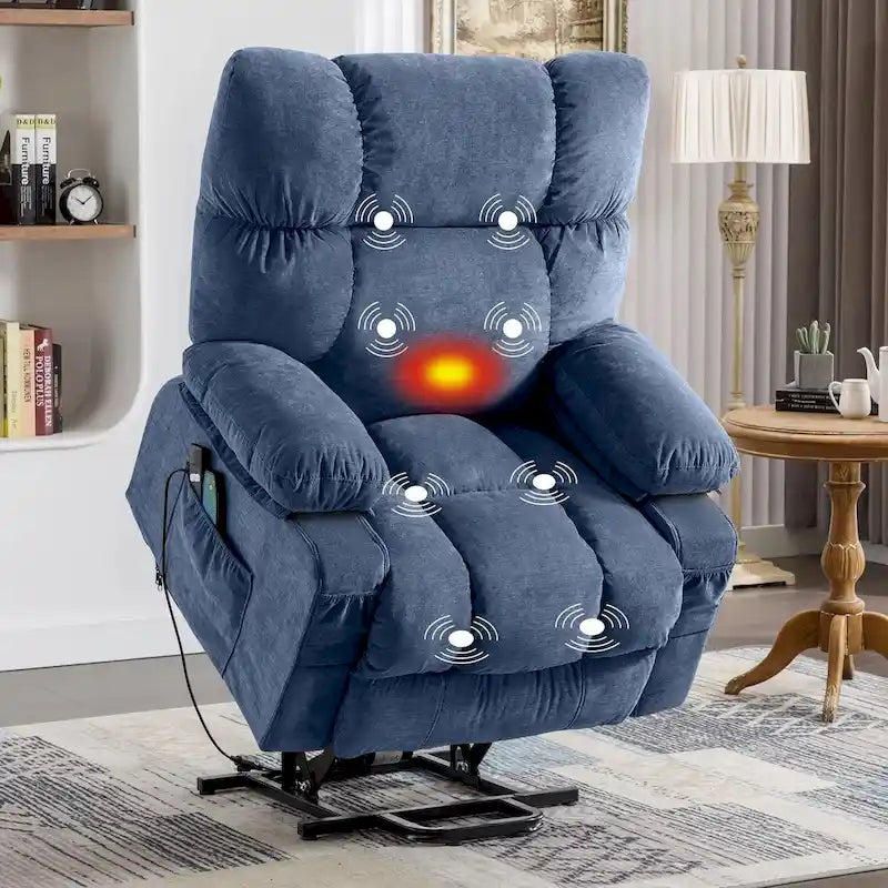 Fauteuil inclinable électrique bleu avec fonction releveur, chauffage, massage, inclinaison réglable à l'infini, ports USB et poches latérales