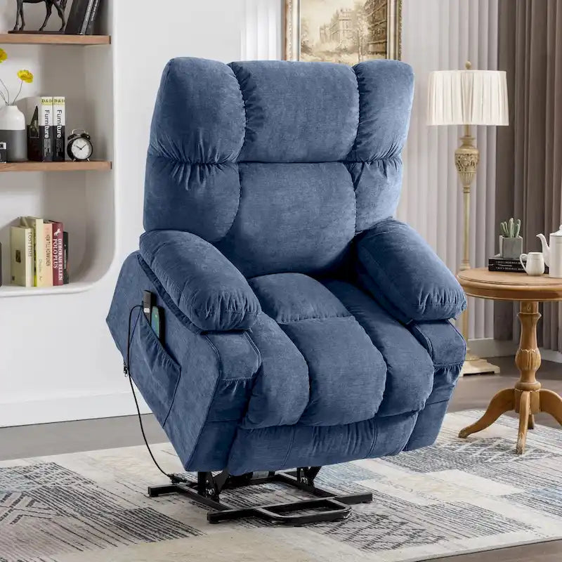Fauteuil inclinable électrique bleu avec fonction releveur, chauffage, massage, inclinaison réglable à l'infini, ports USB et poches latérales
