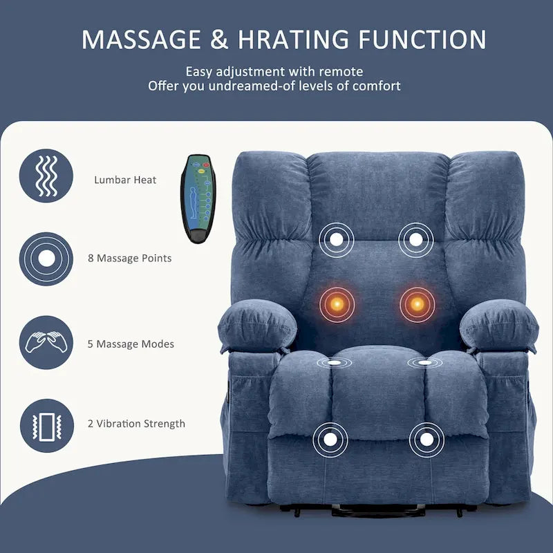 Fauteuil inclinable électrique bleu avec fonction releveur, chauffage, massage, inclinaison réglable à l'infini, ports USB et poches latérales