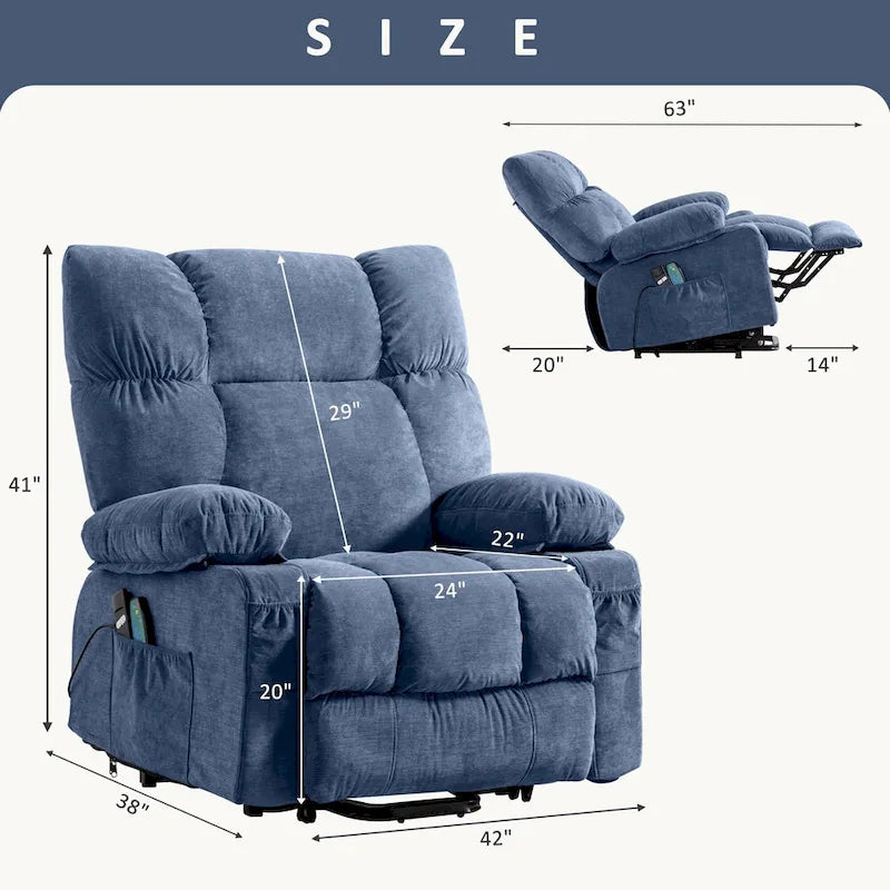 Fauteuil inclinable électrique bleu avec fonction releveur, chauffage, massage, inclinaison réglable à l'infini, ports USB et poches latérales