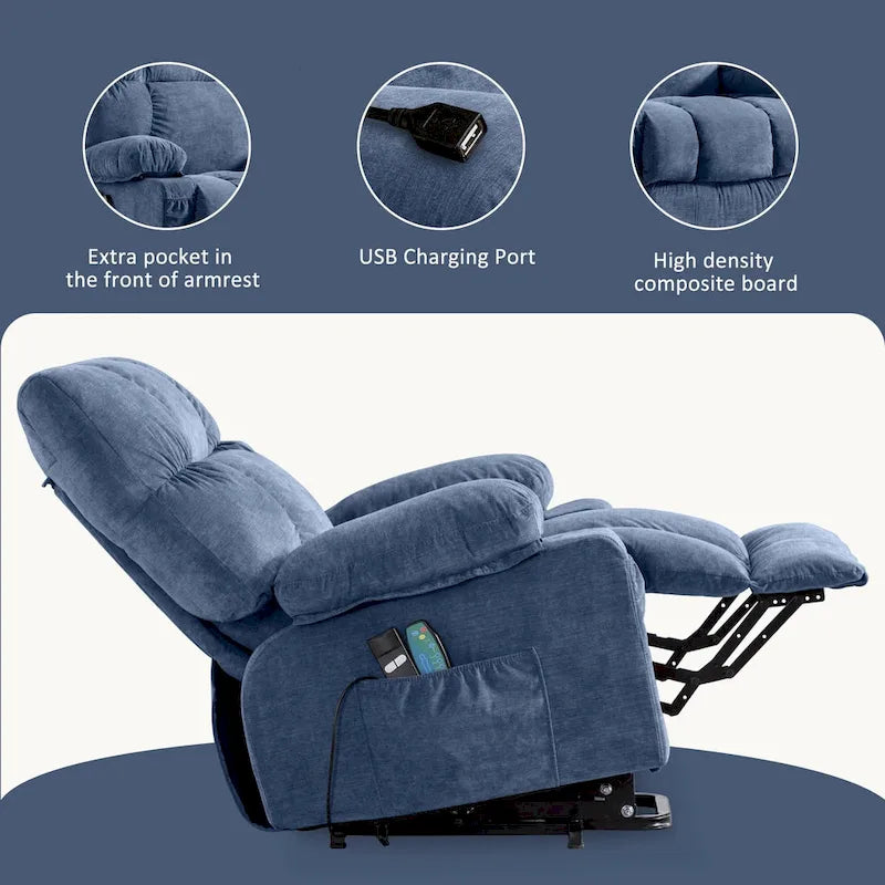 Fauteuil inclinable électrique bleu avec fonction releveur, chauffage, massage, inclinaison réglable à l'infini, ports USB et poches latérales