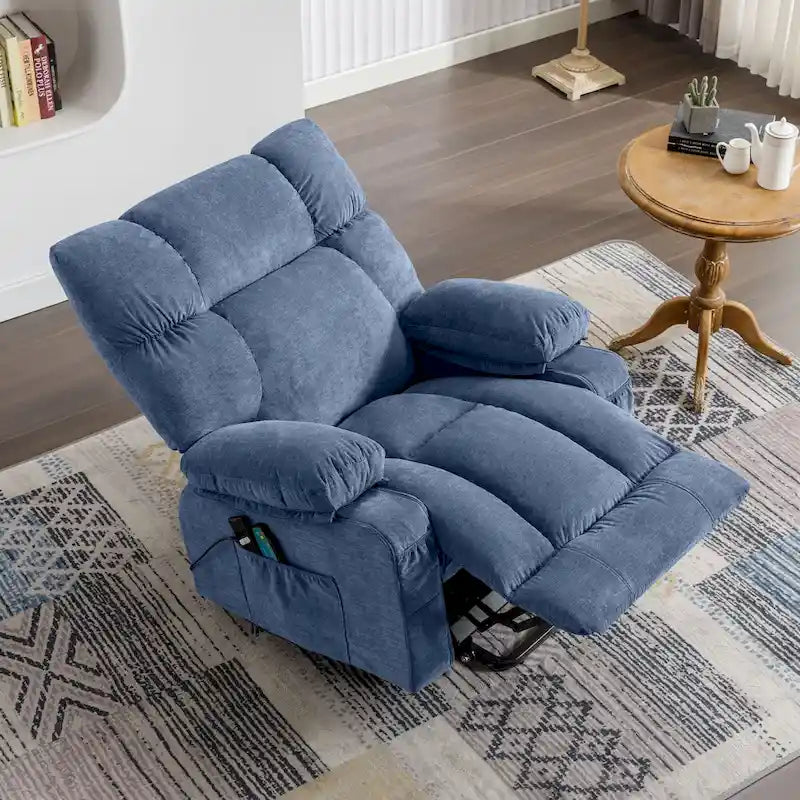 Fauteuil inclinable électrique bleu avec fonction releveur, chauffage, massage, inclinaison réglable à l'infini, ports USB et poches latérales