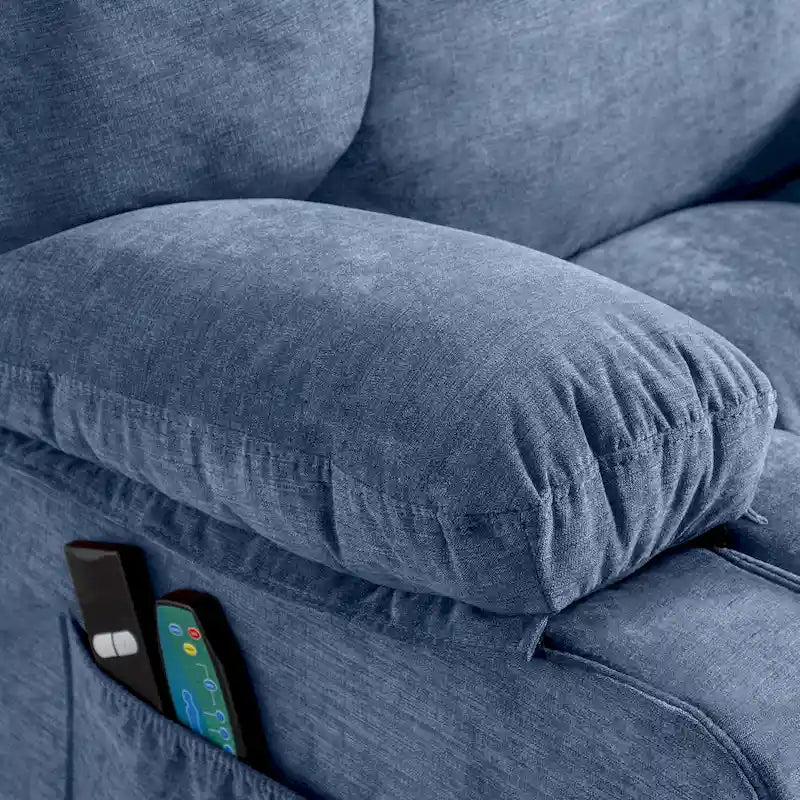Fauteuil inclinable électrique bleu avec fonction releveur, chauffage, massage, inclinaison réglable à l'infini, ports USB et poches latérales