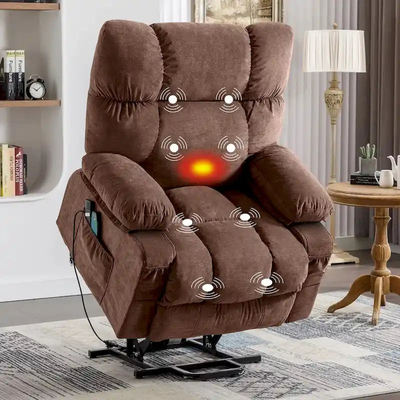 Fauteuil inclinable électrique bleu avec fonction releveur, chauffage, massage, inclinaison réglable à l'infini, ports USB et poches latérales