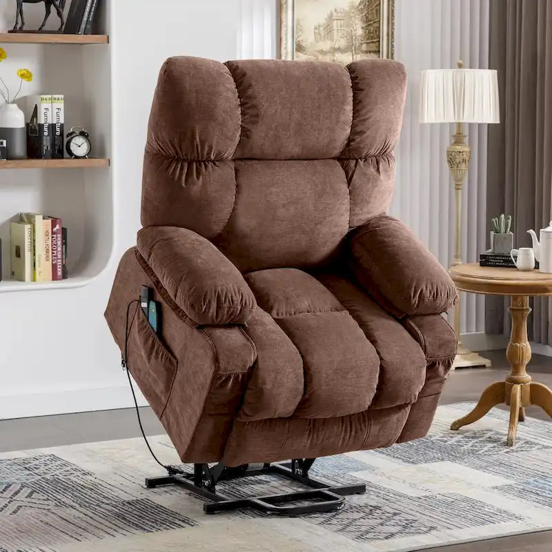 Fauteuil inclinable électrique bleu avec fonction releveur, chauffage, massage, inclinaison réglable à l'infini, ports USB et poches latérales