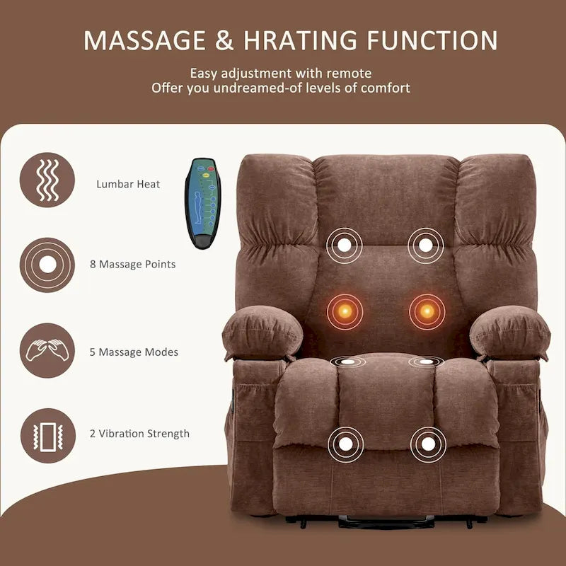 Fauteuil inclinable électrique bleu avec fonction releveur, chauffage, massage, inclinaison réglable à l'infini, ports USB et poches latérales