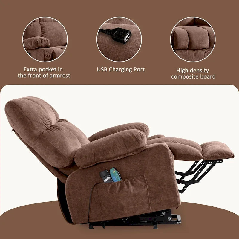 Fauteuil inclinable électrique bleu avec fonction releveur, chauffage, massage, inclinaison réglable à l'infini, ports USB et poches latérales