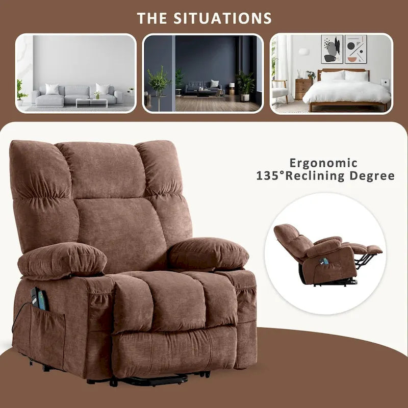 Fauteuil inclinable électrique bleu avec fonction releveur, chauffage, massage, inclinaison réglable à l'infini, ports USB et poches latérales