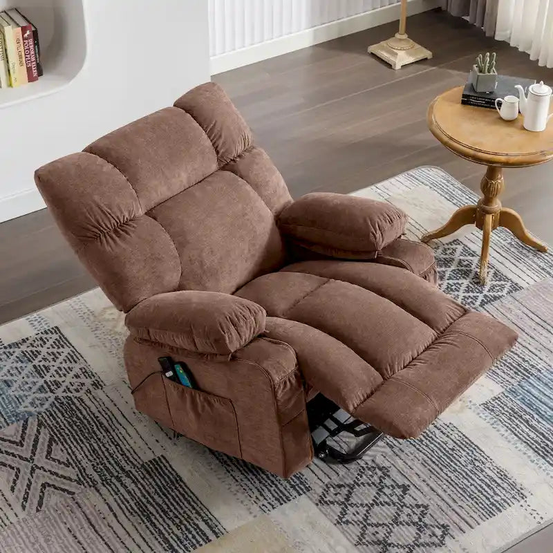 Fauteuil inclinable électrique bleu avec fonction releveur, chauffage, massage, inclinaison réglable à l'infini, ports USB et poches latérales