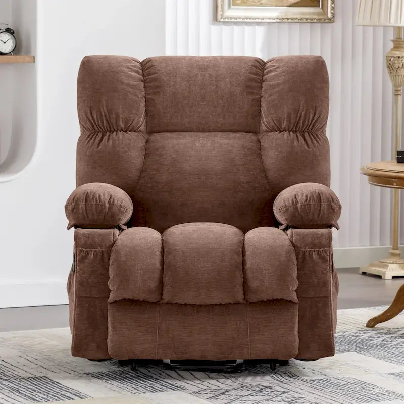 Fauteuil inclinable électrique bleu avec fonction releveur, chauffage, massage, inclinaison réglable à l'infini, ports USB et poches latérales