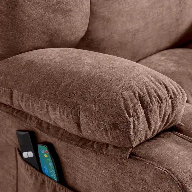 Fauteuil inclinable électrique bleu avec fonction releveur, chauffage, massage, inclinaison réglable à l'infini, ports USB et poches latérales