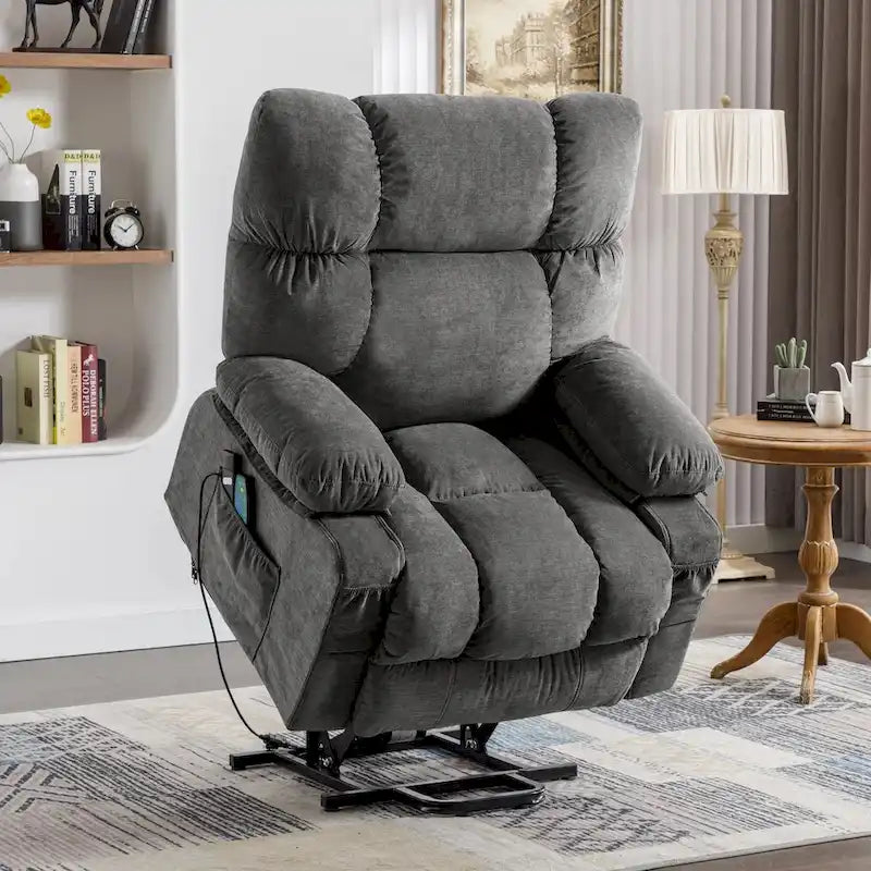 Fauteuil inclinable électrique bleu avec fonction releveur, chauffage, massage, inclinaison réglable à l'infini, ports USB et poches latérales