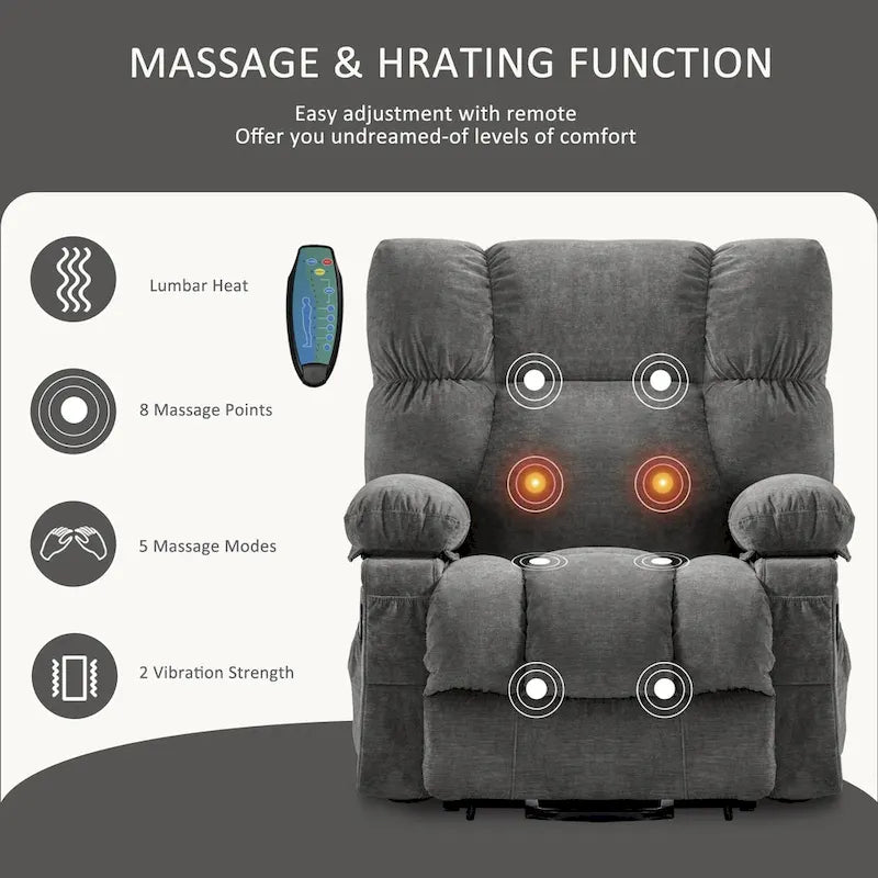 Fauteuil inclinable électrique bleu avec fonction releveur, chauffage, massage, inclinaison réglable à l'infini, ports USB et poches latérales