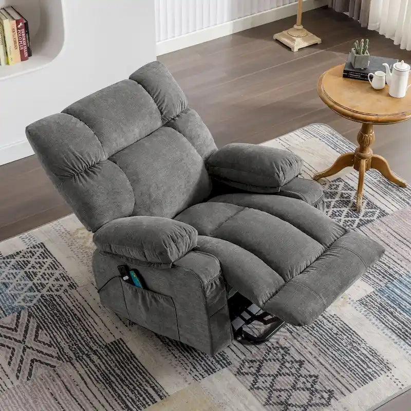 Fauteuil inclinable électrique bleu avec fonction releveur, chauffage, massage, inclinaison réglable à l'infini, ports USB et poches latérales