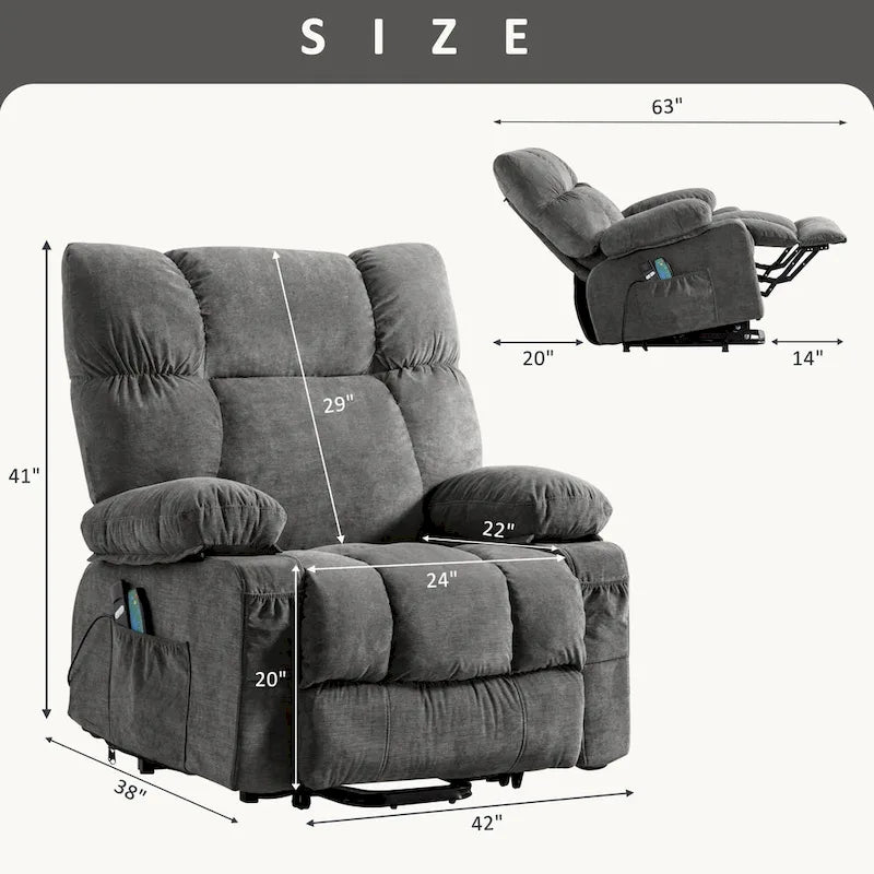 Fauteuil inclinable électrique bleu avec fonction releveur, chauffage, massage, inclinaison réglable à l'infini, ports USB et poches latérales