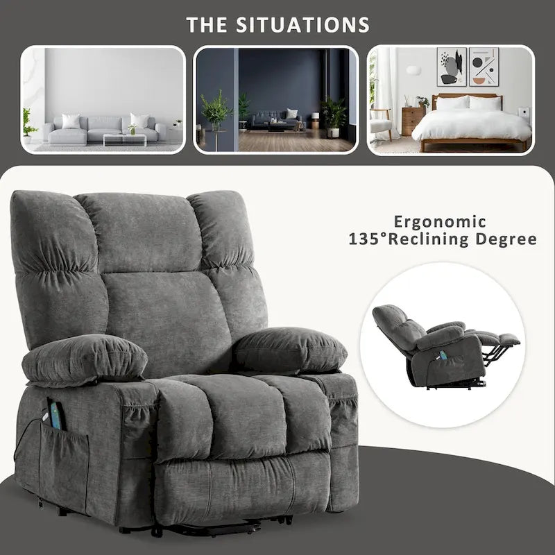 Fauteuil inclinable électrique bleu avec fonction releveur, chauffage, massage, inclinaison réglable à l'infini, ports USB et poches latérales
