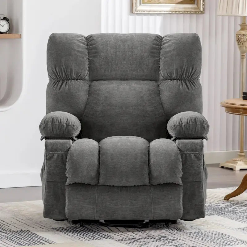 Fauteuil inclinable électrique bleu avec fonction releveur, chauffage, massage, inclinaison réglable à l'infini, ports USB et poches latérales