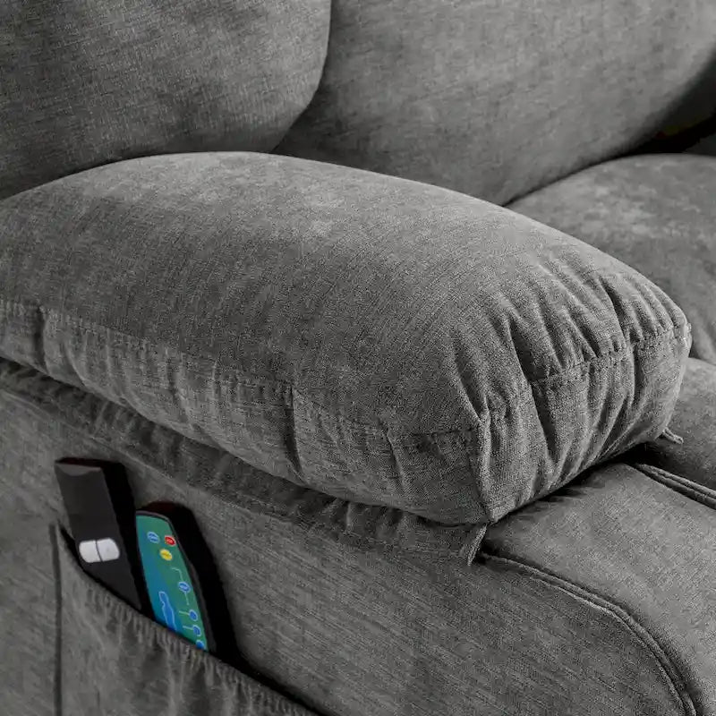 Fauteuil inclinable électrique bleu avec fonction releveur, chauffage, massage, inclinaison réglable à l'infini, ports USB et poches latérales