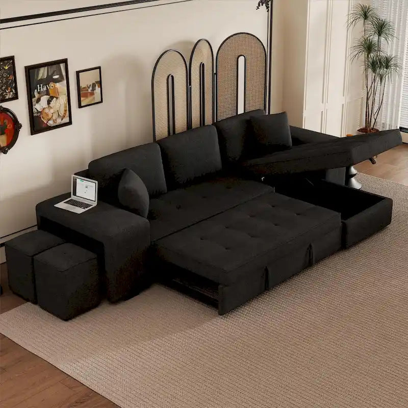 104.5 Charcoal L-Shaped 3 Seater Convertible Sofa with Pull-Out Bed, Storage Chaise and 2 Stools for Living Room