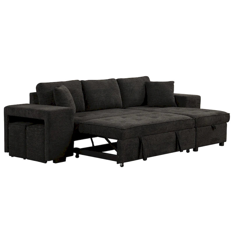 Canapé d'angle convertible 3 places anthracite 104,5 cm avec lit gigogne, méridienne de rangement et 2 poufs pour salon