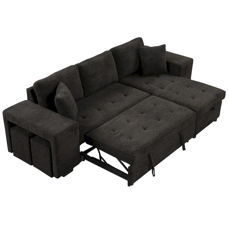 Canapé d'angle convertible 3 places anthracite 104,5 cm avec lit gigogne, méridienne de rangement et 2 poufs pour salon