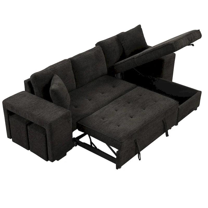 Canapé d'angle convertible 3 places anthracite 104,5 cm avec lit gigogne, méridienne de rangement et 2 poufs pour salon