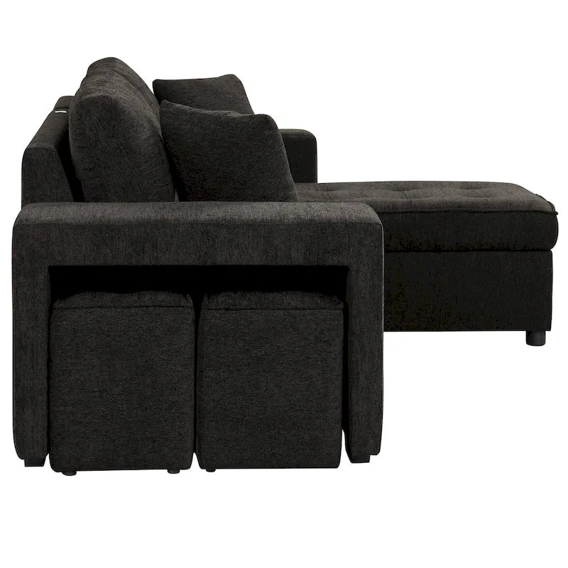 Canapé d'angle convertible 3 places anthracite 104,5 cm avec lit gigogne, méridienne de rangement et 2 poufs pour salon