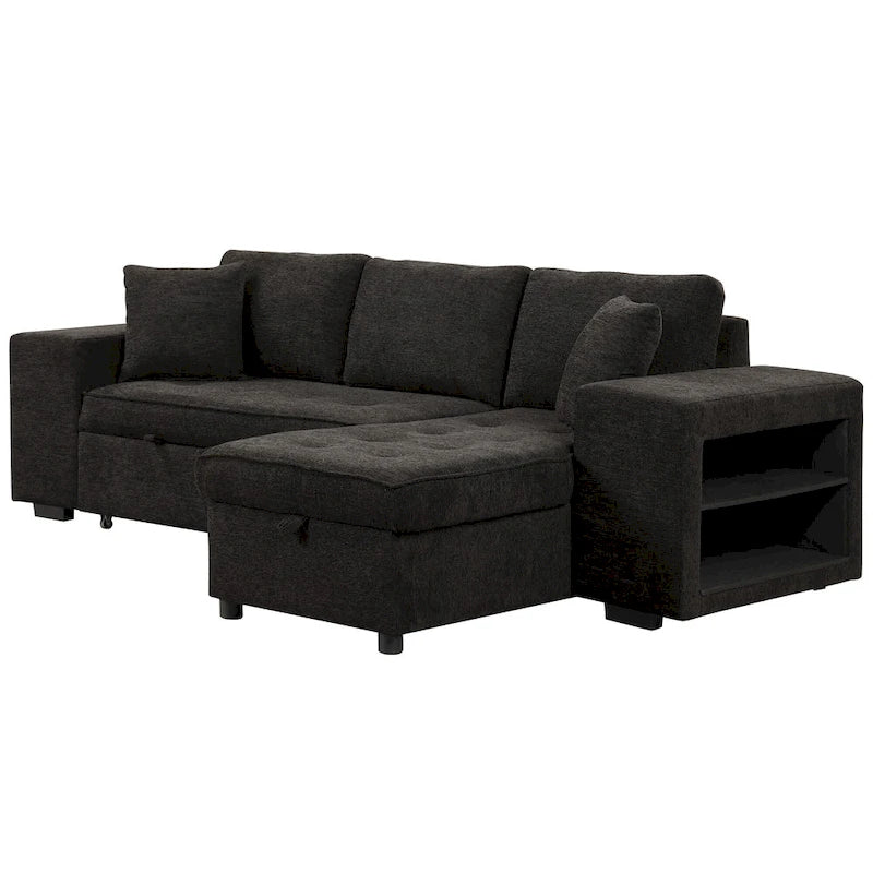 Canapé d'angle convertible 3 places anthracite 104,5 cm avec lit gigogne, méridienne de rangement et 2 poufs pour salon