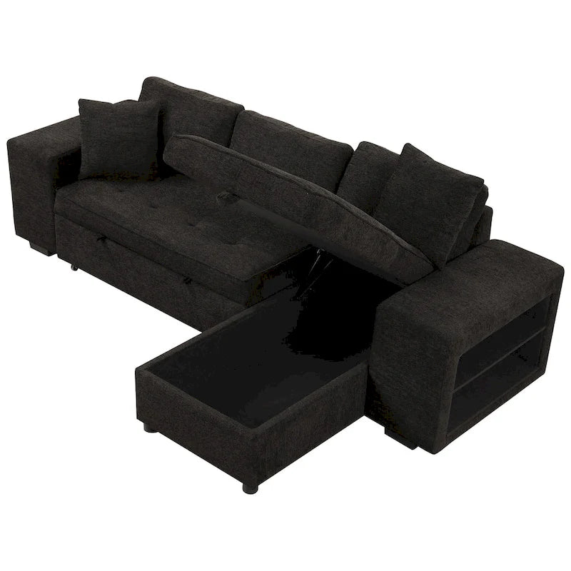 Canapé d'angle convertible 3 places anthracite 104,5 cm avec lit gigogne, méridienne de rangement et 2 poufs pour salon