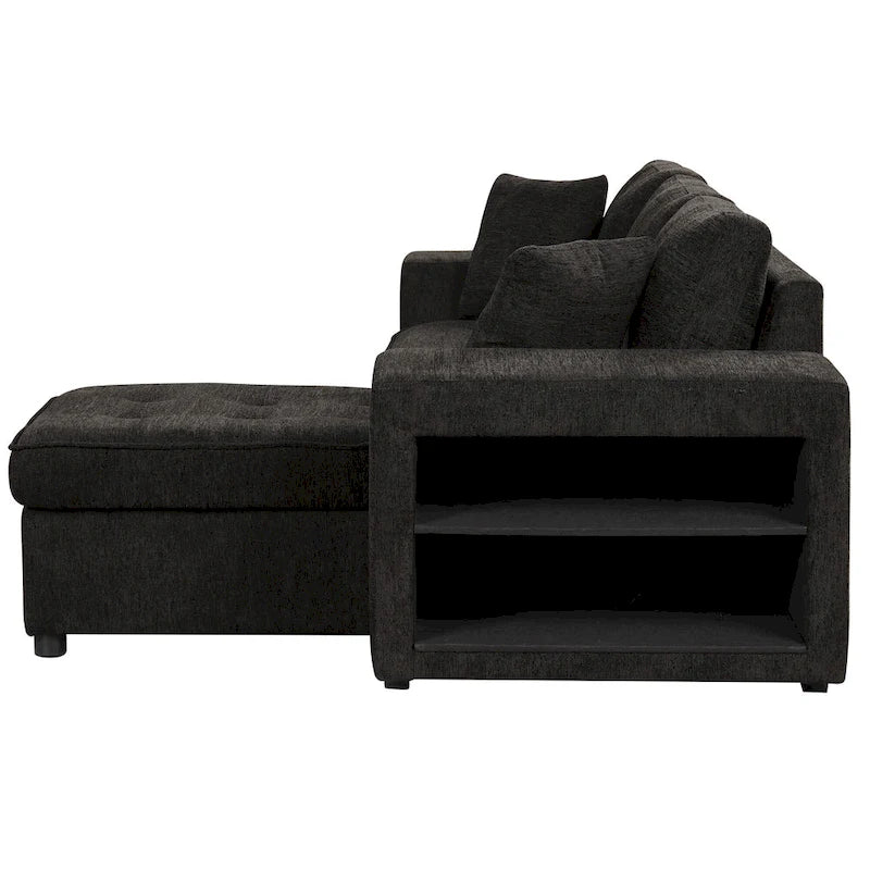 Canapé d'angle convertible 3 places anthracite 104,5 cm avec lit gigogne, méridienne de rangement et 2 poufs pour salon