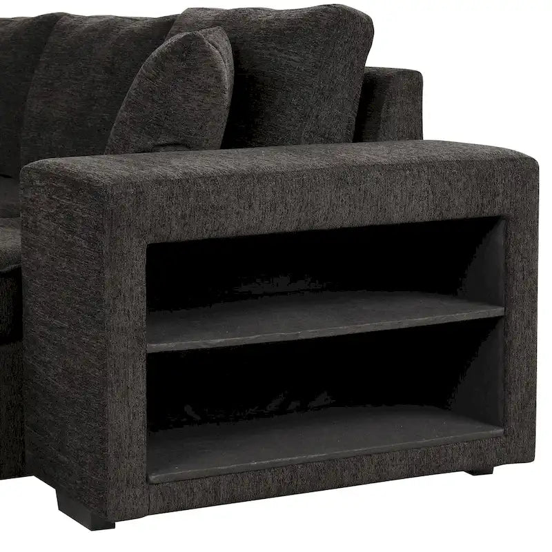 Canapé d'angle convertible 3 places anthracite 104,5 cm avec lit gigogne, méridienne de rangement et 2 poufs pour salon