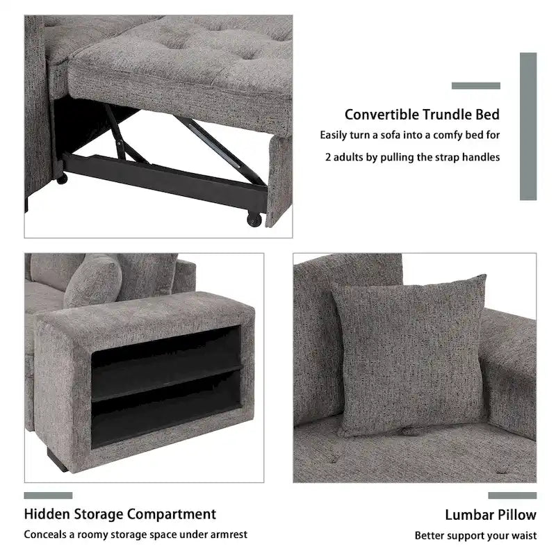 Canapé d'angle convertible 3 places anthracite 104,5 cm avec lit gigogne, méridienne de rangement et 2 poufs pour salon