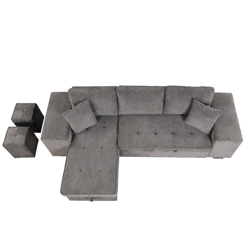 Canapé d'angle convertible 3 places anthracite 104,5 cm avec lit gigogne, méridienne de rangement et 2 poufs pour salon