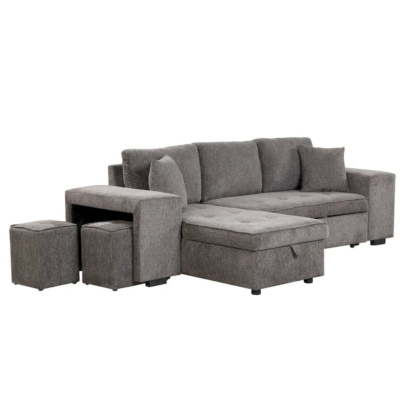 Canapé d'angle convertible 3 places anthracite 104,5 cm avec lit gigogne, méridienne de rangement et 2 poufs pour salon